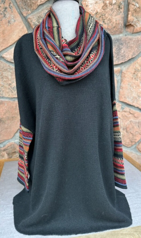 black tunic with ethnic cowl and sleeves