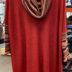 red tunic with ethnic design cowl and sleeves