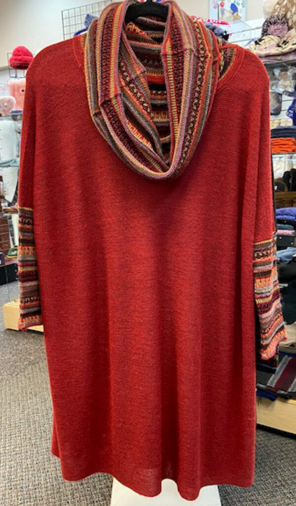 red tunic with ethnic cowl and sleeves