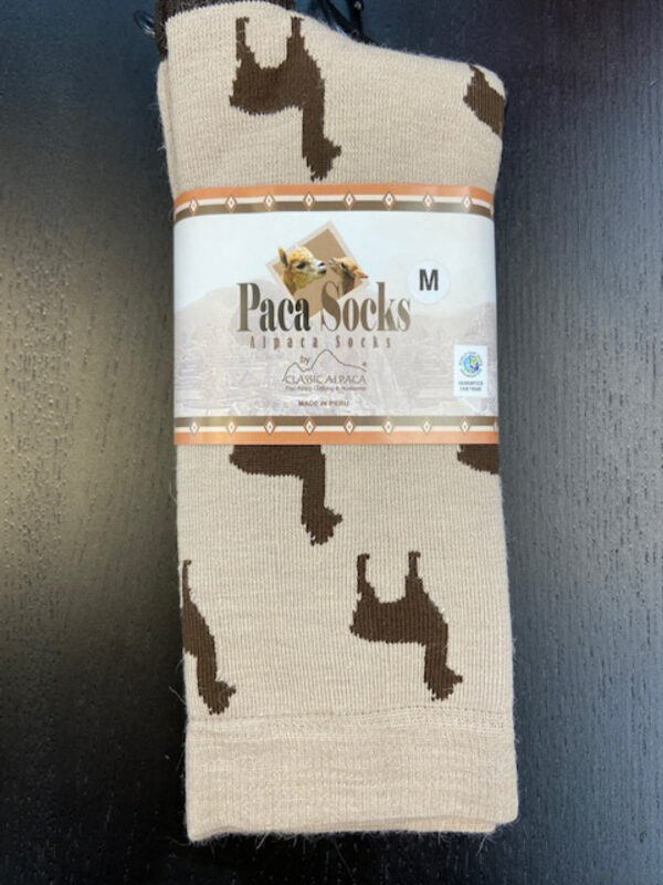 beige alpaca crew socks with brown alpaca motifs