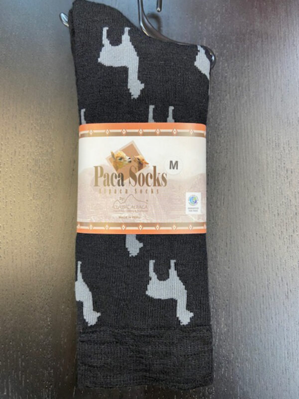 black alpaca crew socks with gray alpaca motifs