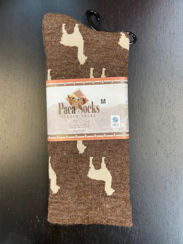 brown alpaca crew socks with beige alpaca motifs