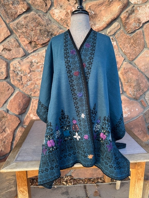 Sylvan reversible alpaca ruana with hand embroidered floral design