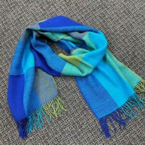 100% baby alpaca hand woven scarf in caribbean blue and green colors