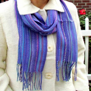 Hand woven Baby Alpaca and silk scarf in purples and blues